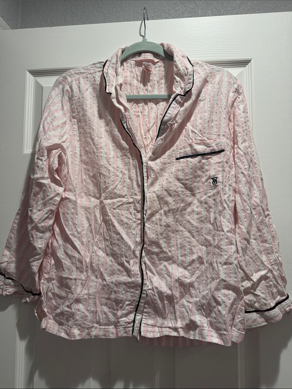 Victoria’s Secret Women’s Pink and White Striped Button Up Pajama Top Size M
